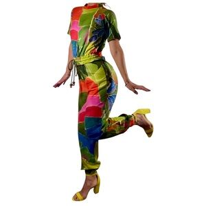 FARM Rio Green and Pink Artistic T-Shirt Jumpsuit